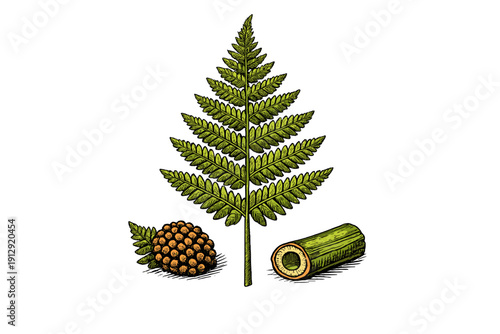 A vintage botanical illustration featuring a green fern frond, a cluster of brown spores, and a cross-section of a plant stem, all set against a solid black background.