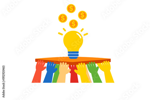 An illustration of diverse colorful hands supporting a platform with a glowing light bulb and gold dollar coins floating above it, representing crowdfunding and investment in new ideas.