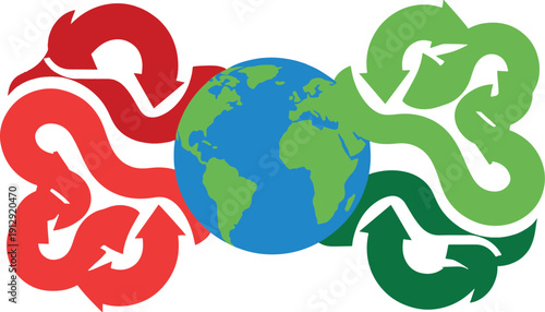 Earth globe surrounded by red and green arrows, global exchange and logistics concept.