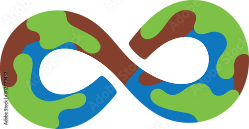 Abstract infinity symbol with earth map textures, global unity and connection concept.