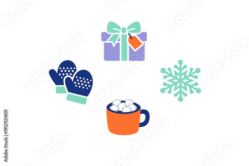 A collection of four winter-themed stickers including a purple gift box, blue mittens, a mint green snowflake, and an orange mug of hot cocoa with marshmallows on a black background.