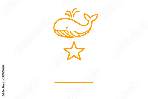 An orange line art illustration of a whale spouting water positioned above a five-pointed star and a horizontal line, all set against a solid black background.