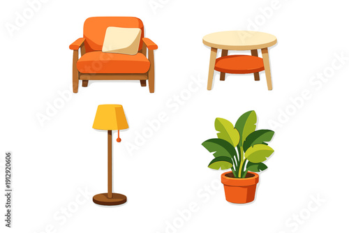 Set of stylized interior decor elements featuring an orange armchair, a wooden side table, a yellow floor lamp, and a lush green plant in a pot, isolated on a black background.