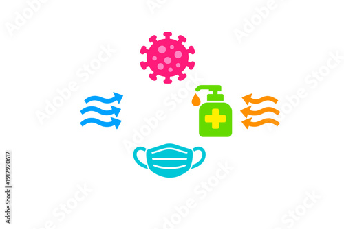 A collection of colorful icons on a black background representing pandemic prevention measures, including a pink virus, a green hand sanitizer bottle, and a blue surgical face mask.