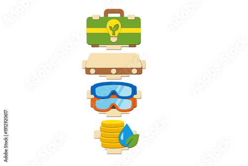 This illustration features a vertical stack of four icons related to sustainability, such as a green briefcase, safety goggles, and gold coins with a water droplet and a leaf.