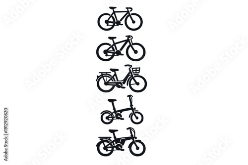 This image features five different black bicycle silhouettes arranged vertically on a plain white background, showcasing various styles like road, mountain, city, and folding bikes.