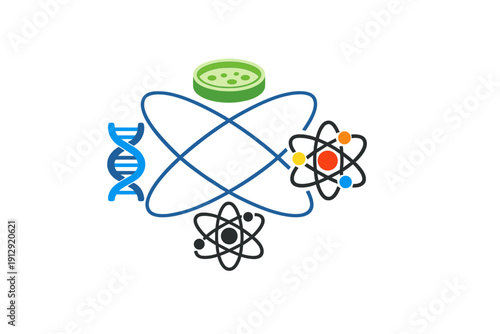 This illustration features scientific symbols like a DNA strand, a petri dish, and atomic structures centered around a blue infinity loop on a dark background.