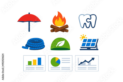 A collection of nine colorful flat icons on a black background featuring an umbrella, campfire, dental puzzle, rope, leaf, solar panel, and various business data charts and graphs.