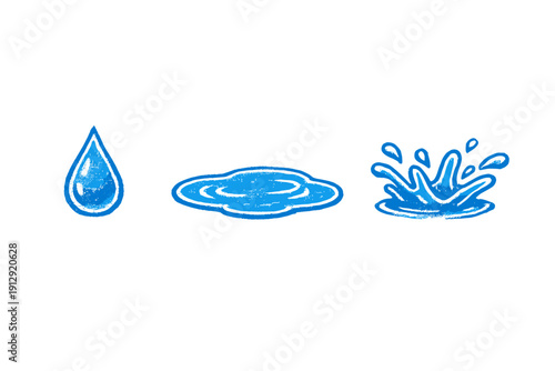 A collection of three blue water illustrations on a black background, showing a single drop, a rippling puddle, and a splash, all rendered in a hand-drawn artistic style.