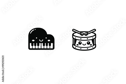 A black and white illustration featuring a cute cartoon piano and a drum with smiling faces. These minimalist musical instrument icons are set against a solid black background.