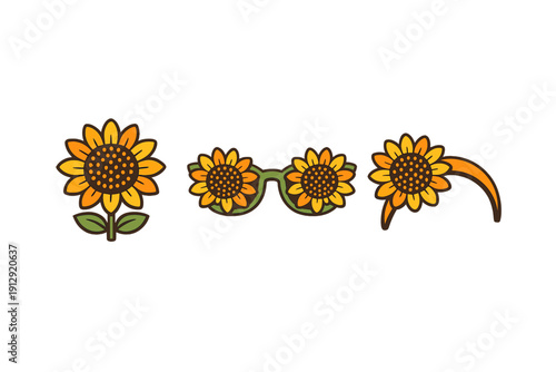 Three flat vector illustrations of sunflowers on a black background featuring a single flower with a stem, sunflower sunglasses, and a flower with a curved decorative element.