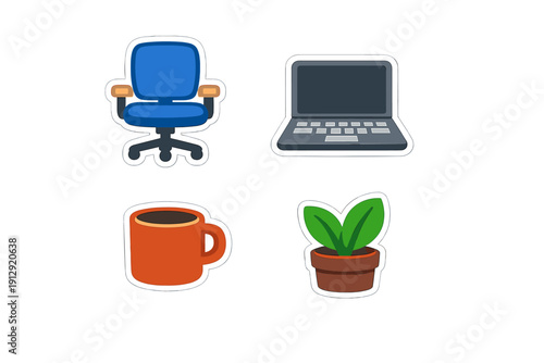 A collection of four office-themed stickers featuring a blue swivel chair, a grey laptop computer, an orange coffee mug, and a small green potted plant on a black background.