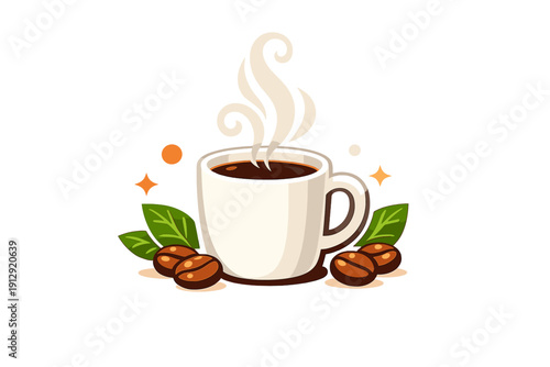 A stylized vector illustration of a steaming white coffee cup surrounded by roasted beans and green leaves, set against a dark background with decorative elements.