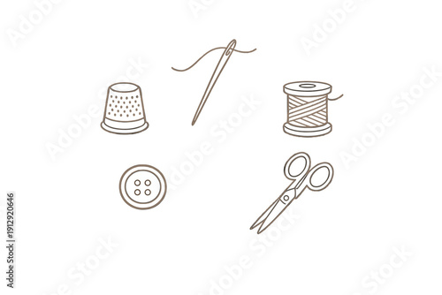 A collection of minimalist sewing icons including a thimble, needle with thread, spool, button, and scissors, presented in a simple line art style on a solid black background.