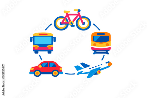 A colorful illustration featuring five modes of transportation arranged in a circular pattern on a black background, including a bicycle, bus, train, car, and airplane.