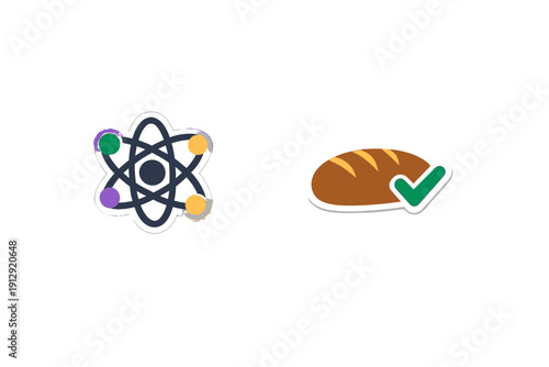 An illustration featuring an atom symbol with colorful electrons next to a loaf of bread with a green checkmark, both presented as sticker-style icons on a black background.