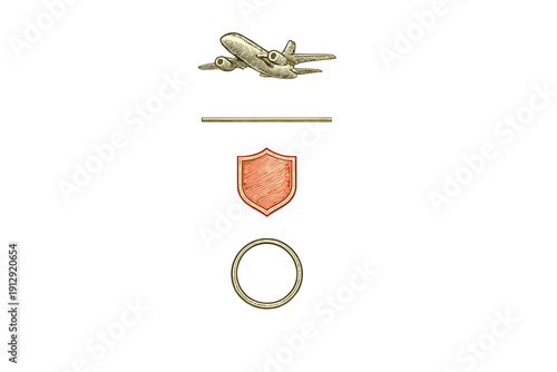 A collection of vintage-style hand-drawn icons featuring an airplane, a horizontal line, a shield, and a circle, all rendered in a detailed engraving aesthetic on a black background.