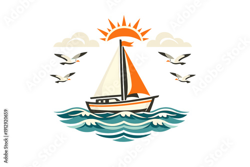 A stylized illustration of a sailboat cruising on wavy blue waters under a bright orange sun and white clouds, surrounded by four flying seagulls on a black background.