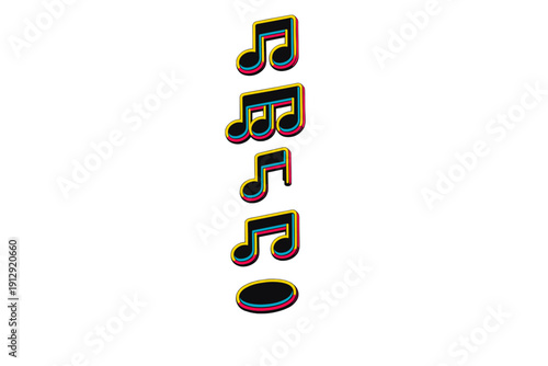 A vertical stack of various musical notes featuring vibrant cyan, magenta, and yellow outlines on a black background. The graphic has a modern, layered neon-style appearance.