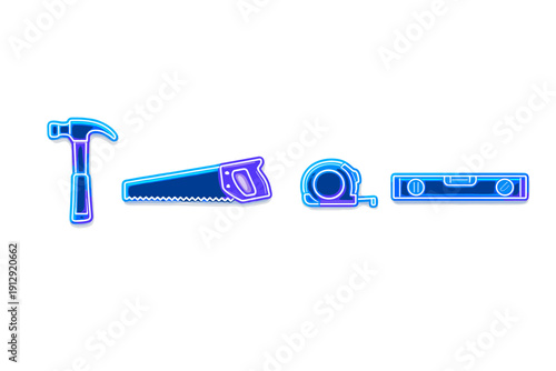 A set of four glowing neon construction tool icons including a hammer, hand saw, tape measure, and spirit level, displayed in vibrant blue and purple colors on a black background.
