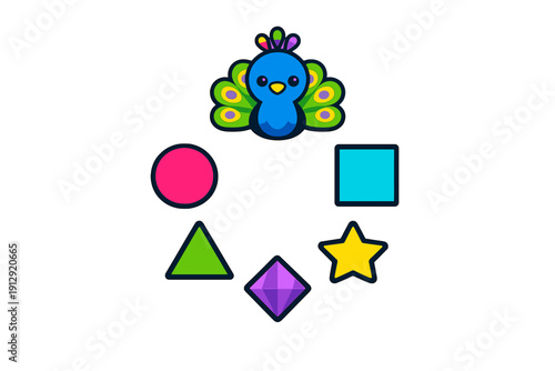 A cute cartoon peacock is centered above five colorful geometric shapes including a circle, square, triangle, diamond, and star, all set against a solid black background.