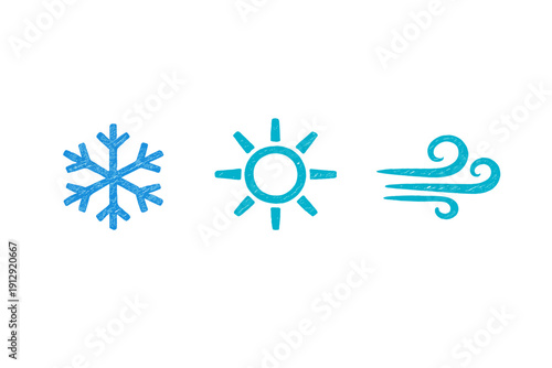 Three blue weather icons representing a snowflake, sun, and wind are displayed in a row against a solid black background. The icons have a textured, hand-drawn appearance.