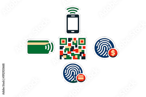 A set of digital payment and security icons featuring a smartphone, QR code, contactless credit card, and biometric fingerprint scanners arranged on a black background.