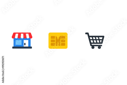 Three digital icons representing commerce are displayed on a black background, including a storefront with a red awning, a gold electronic chip, and a dark shopping cart.