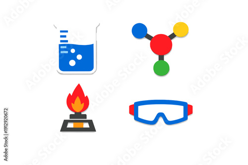 A collection of four colorful science icons featuring a beaker with blue liquid, a molecular model, a lit Bunsen burner, and safety goggles, all set against a solid black background.