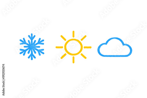 Three simple weather icons representing different conditions are displayed on a solid black background. The set includes a blue snowflake, a yellow sun, and a blue cloud outline.