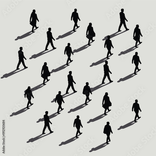 Walking people silhouettes with long shadows pattern on light background