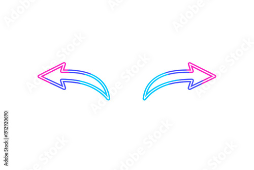 A pair of curved neon arrows with a pink and blue gradient glow against a dark black background. The arrows point left and right, creating a symmetrical and modern graphic design.