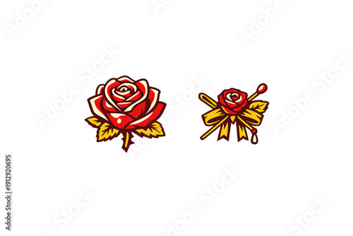Two stylized red rose illustrations on a black background. One features a large bloom with yellow leaves, while the other includes a bow, crossed needles, and a drop of blood.
