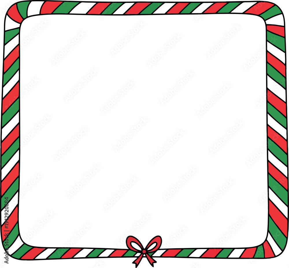 Fototapeta premium Christmas Candy Cane Border Frame with Red Green Stripes and Bow for Holiday Greeting Card Design