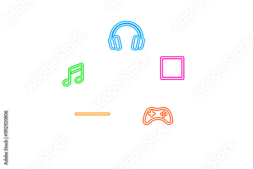 A collection of glowing neon icons representing entertainment, including blue headphones, green musical notes, a pink screen, and an orange game controller on a black background.