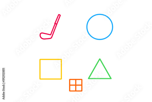 A collection of five minimalist neon-style icons featuring a red golf club, a blue circle, a yellow square, a green triangle, and an orange grid on a solid black background.