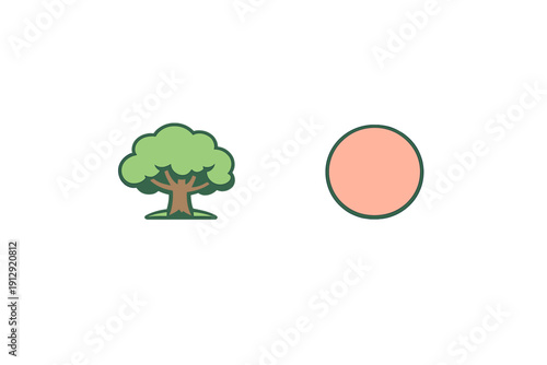 A stylized green tree with a brown trunk stands next to a solid pink circle outlined in dark green, both centered against a plain black background in a minimalist graphic style.