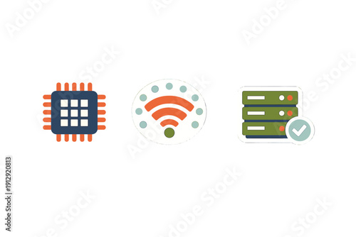 A set of three digital technology icons including a computer processor, a wireless internet signal, and a data server with a checkmark, isolated on a solid black background.