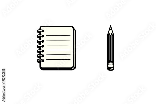 A minimalist black and white illustration featuring a spiral-bound lined notebook and a sharpened pencil with an eraser, set against a solid black background for a clean look.
