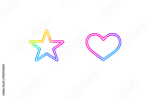 A vibrant neon star and heart shape with colorful gradient outlines glow against a dark black background. This minimalist digital illustration uses bright pink, blue, and yellow tones.