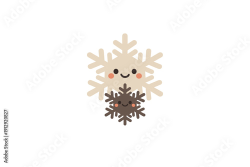 Two cute cartoon snowflakes with smiling faces and rosy cheeks are centered on a solid black background. One snowflake is large and beige, while the other is smaller and dark brown.