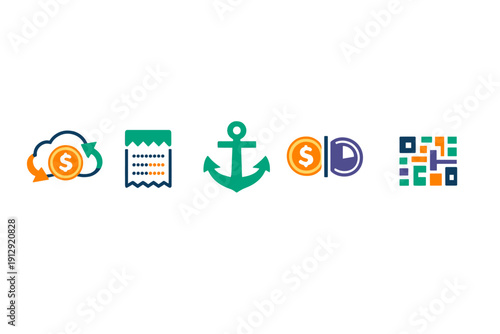 A collection of five colorful flat icons representing finance and technology, including a dollar exchange, a receipt, an anchor, a currency split, and a QR code on a black background.