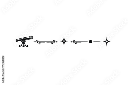 This minimalist black and white illustration shows a horizontal line of astronomical symbols including a telescope, stars, and decorative flourishes on a plain white background.