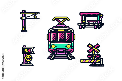 A collection of neon-colored vector icons featuring a tram on tracks, a station shelter, a railroad crossing gate, a signal post, and a directional sign on a black background.