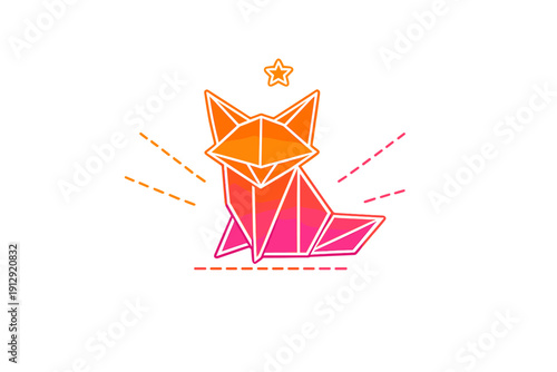 A vibrant origami fox illustration featuring a geometric design with an orange and pink gradient. The stylized animal sits on a black background with a star and dashed lines.