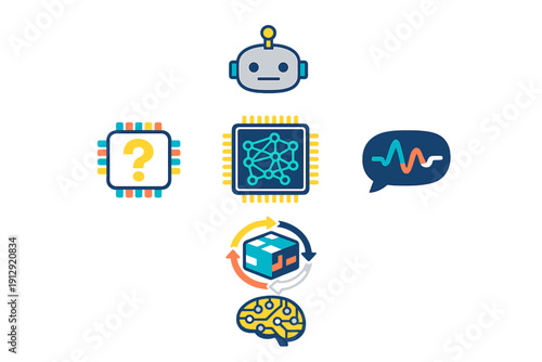 A collection of colorful flat icons representing artificial intelligence, robotics, machine learning, and neural networks, featuring a robot head, brain, and microchips on a black background.