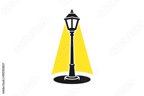 A stylized black street lamp emits two beams of yellow light onto a circular base. This minimalist vector illustration features a high contrast design on a dark background.