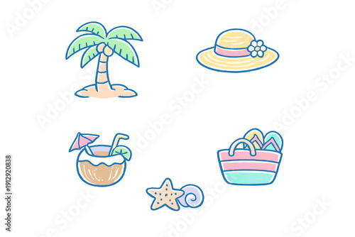 A collection of hand-drawn beach icons including a palm tree, sun hat, coconut drink, beach bag with flip-flops, and seashells. The illustrations feature a soft crayon texture on a black background.