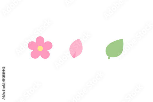 This minimalist graphic shows a pink five-petal flower with a yellow center, a single pink petal, and a green leaf, all arranged in a row against a solid black background.