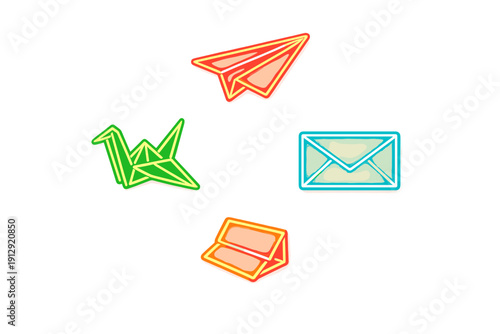 Four glowing neon icons representing paper crafts and communication are arranged in a circular pattern on a black background, including a plane, crane, envelope, and folded card.